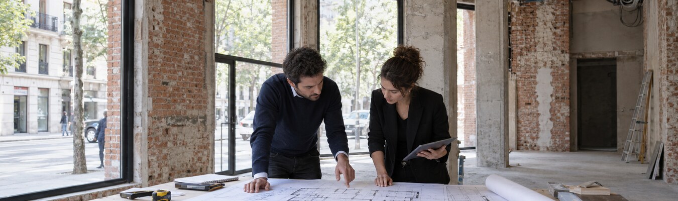 Arquitectos revisando la documentación de una declaración responsable en Madrid